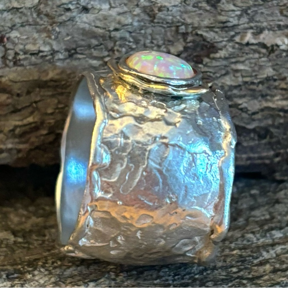 Sterling and 14k gold synthetic opal ring - Picture 3 of 7